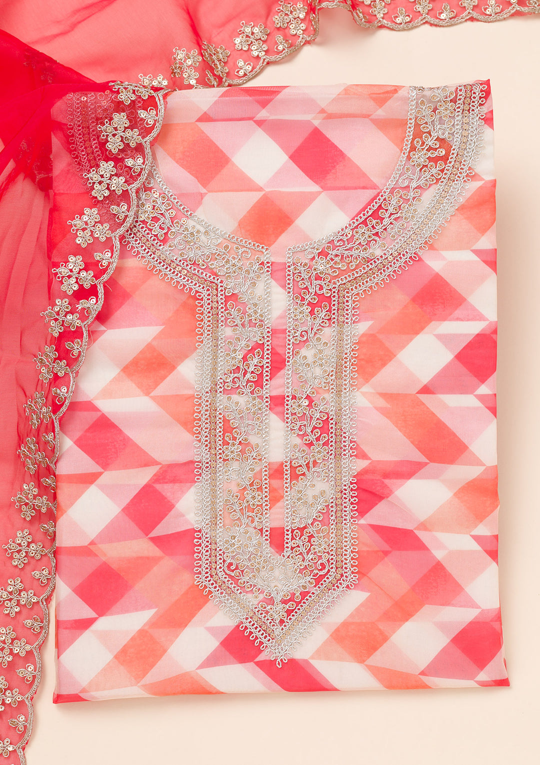 Red Zariwork Organza Unstitched Salwar Suit