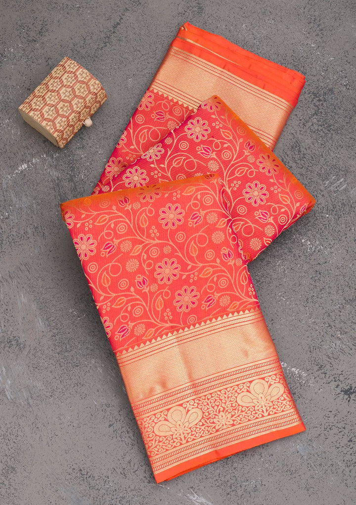 Orange Zariwork Pure Silk Saree-Koskii