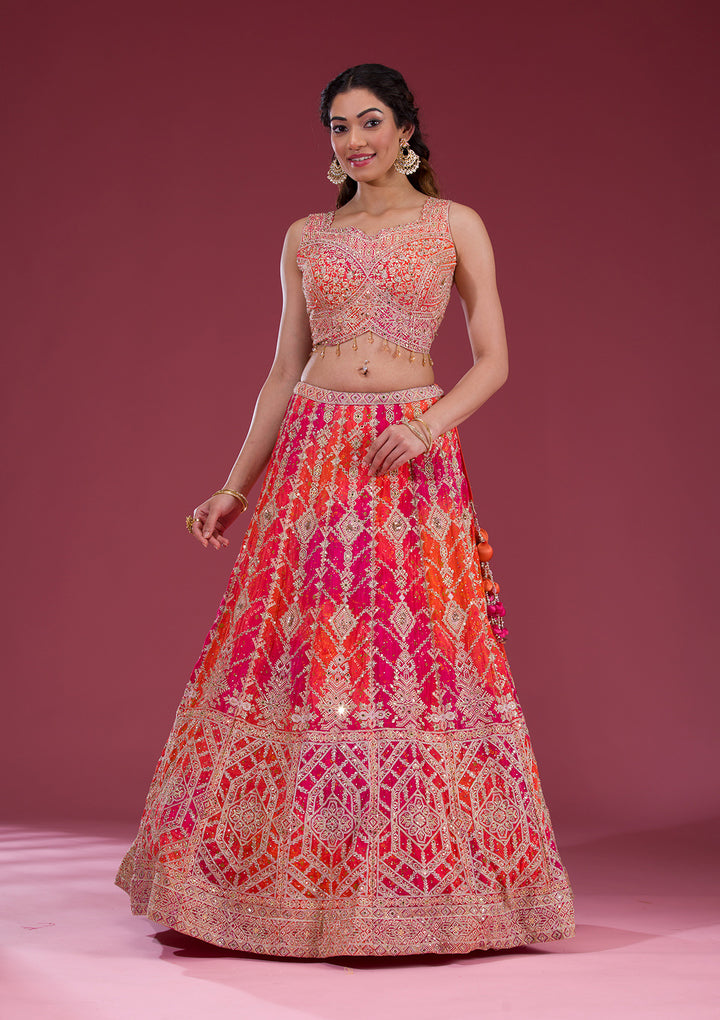 Orange Zariwork Semi Crepe Readymade Lehenga