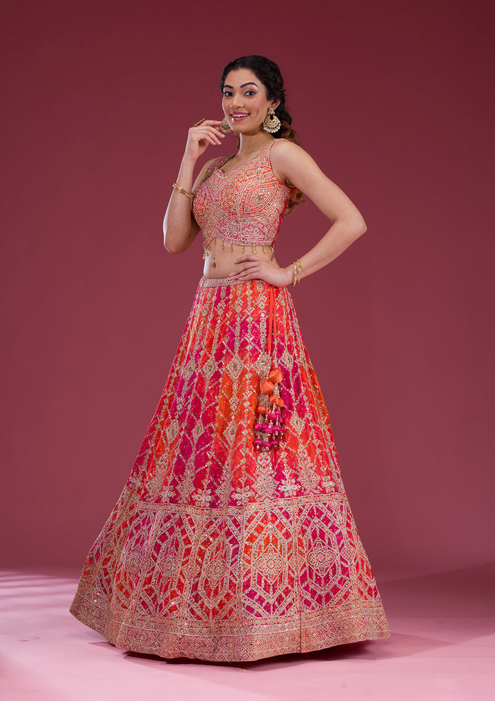 Orange Zariwork Semi Crepe Readymade Lehenga