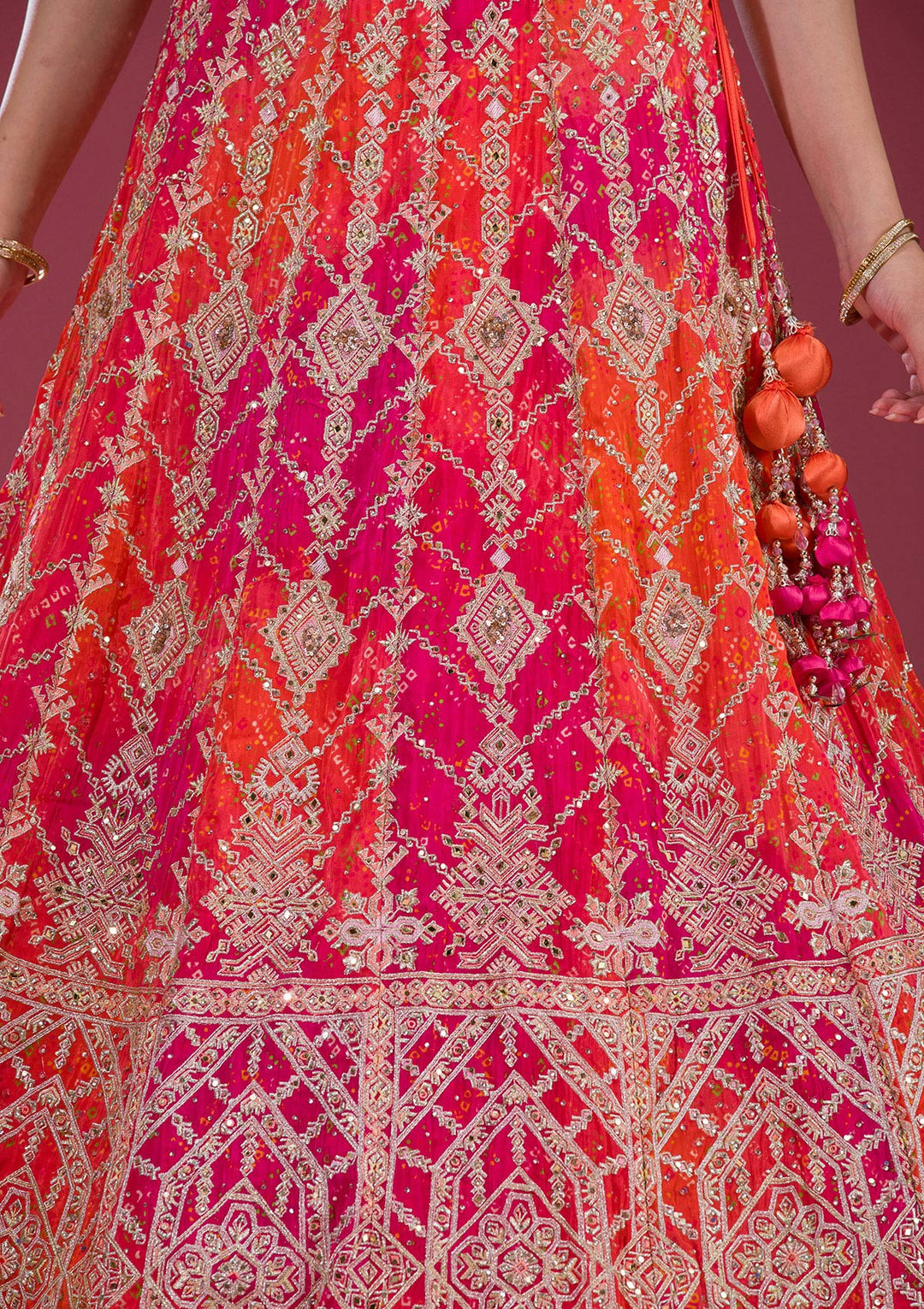 Orange Zariwork Semi Crepe Readymade Lehenga