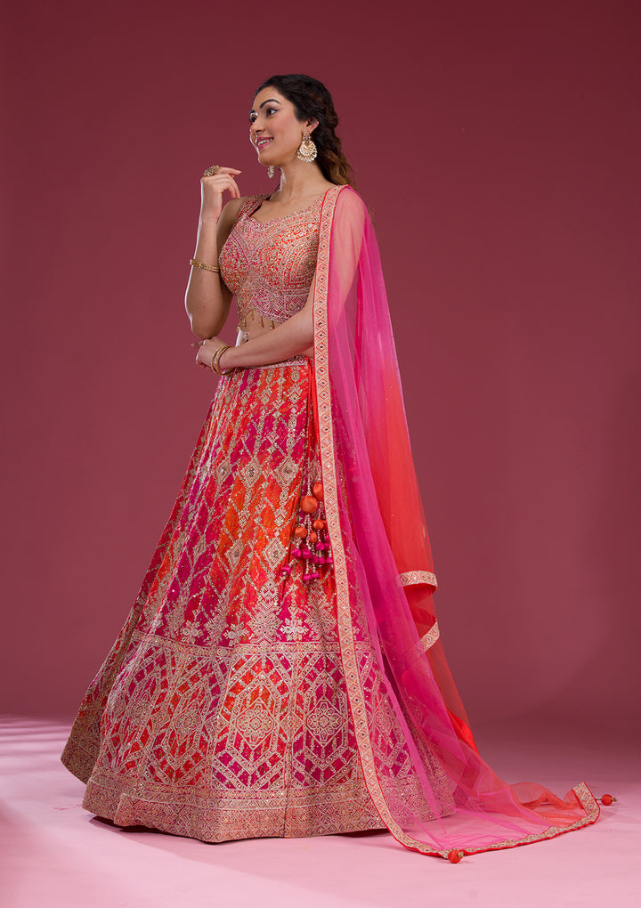 Orange Zariwork Semi Crepe Readymade Lehenga