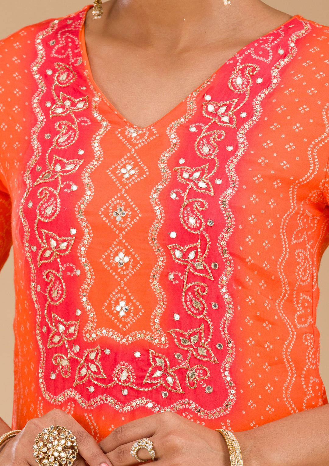 Orange Zariwork Semi Crepe Readymade Salwar Suit
