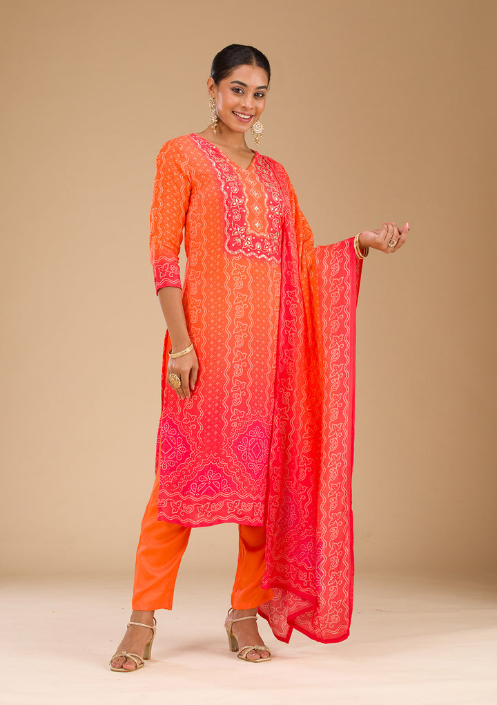 Orange Zariwork Semi Crepe Readymade Salwar Suit