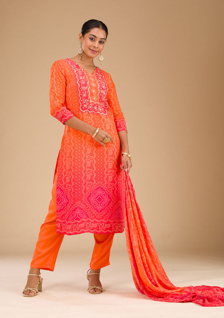 Orange Zariwork Semi Crepe Readymade Salwar Suit