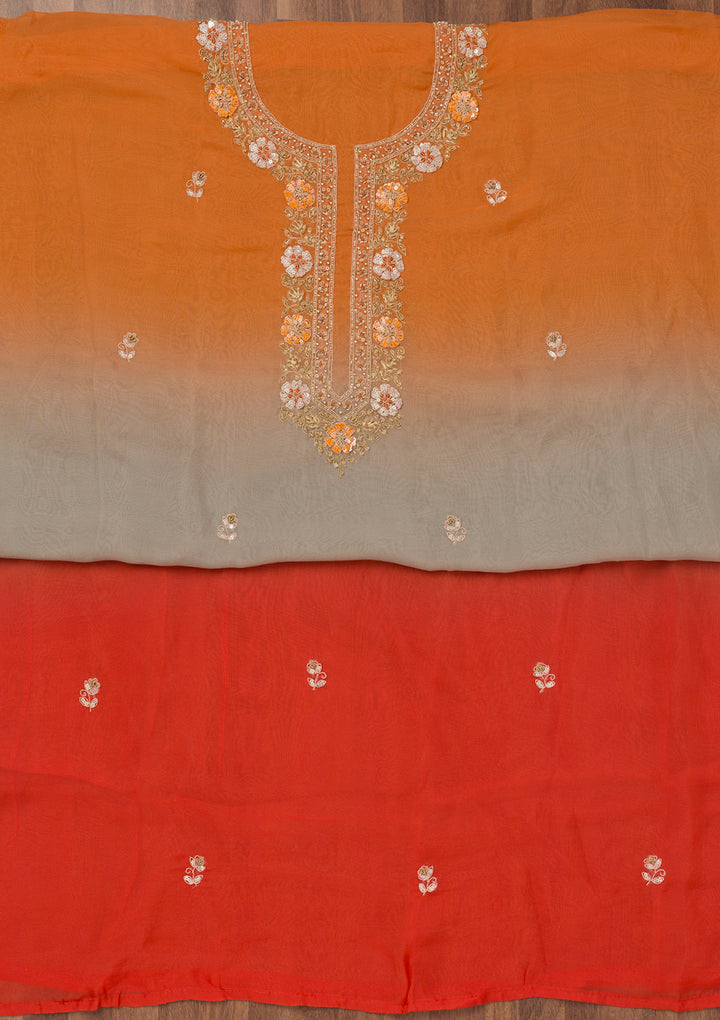 Orange Zariwork Semi Crepe Unstitched Salwar Suit