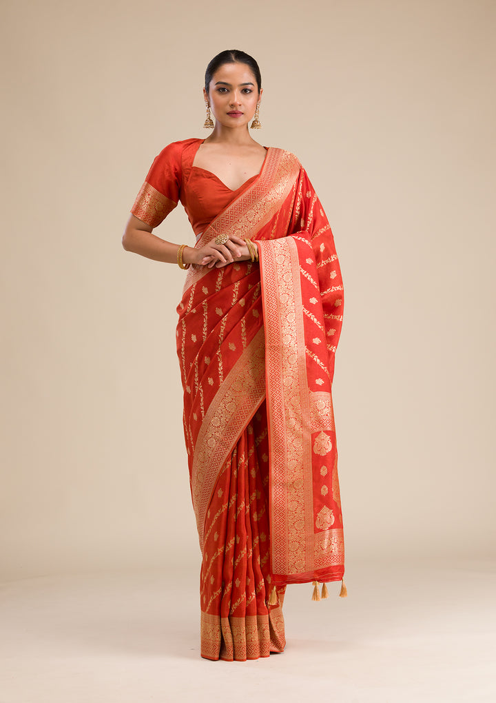 Orange Zariwork Semi Crepe Saree
