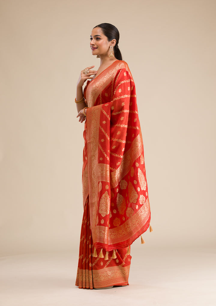 Orange Zariwork Semi Crepe Saree