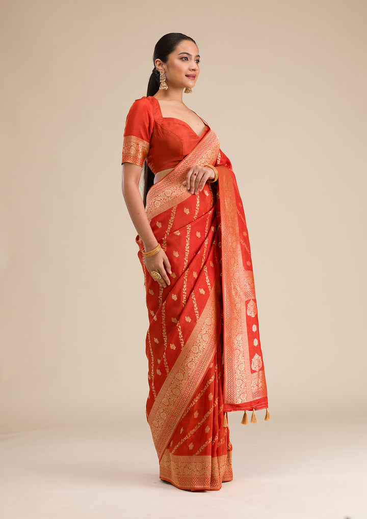 Orange Zariwork Semi Crepe Saree
