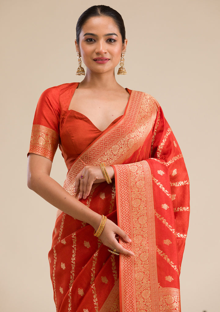 Orange Zariwork Semi Crepe Saree
