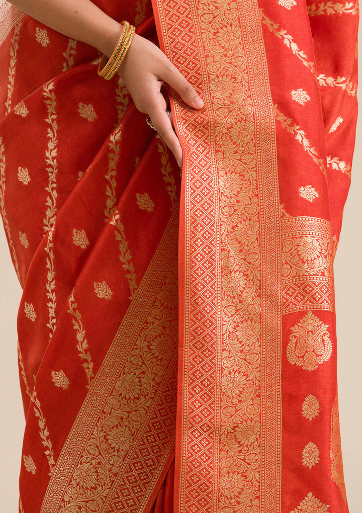 Orange Zariwork Semi Crepe Saree