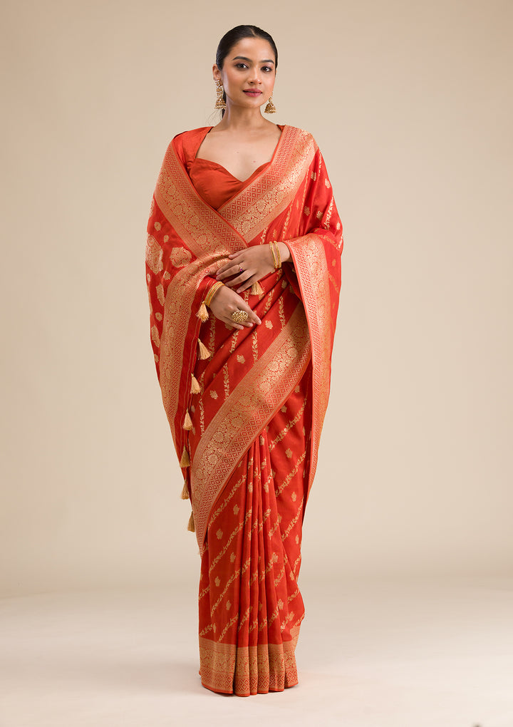 Orange Zariwork Semi Crepe Saree