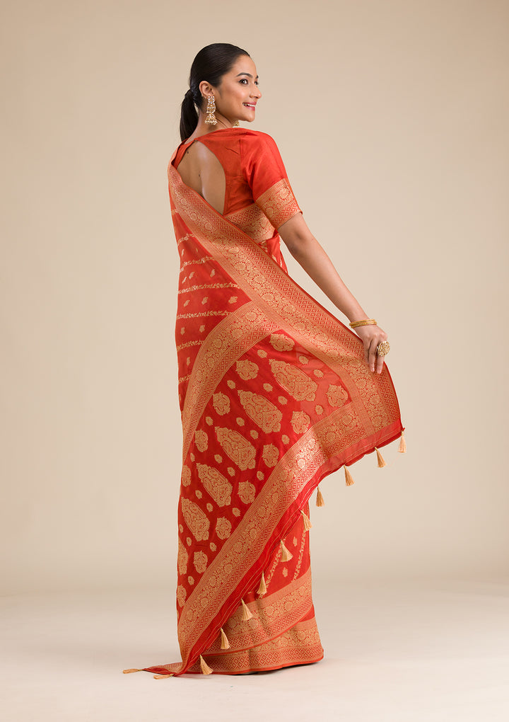 Orange Zariwork Semi Crepe Saree