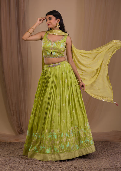 Parrot Green Cutdana Shimmer Readymade Lehenga-Koskii