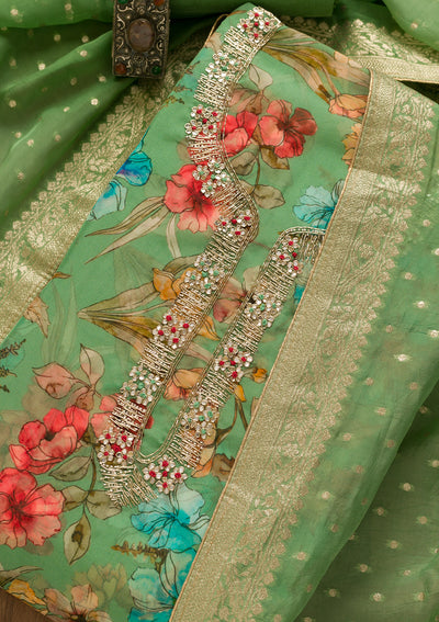Parrot Green Cutdana Tissue Unstitched Salwar Suit-Koskii