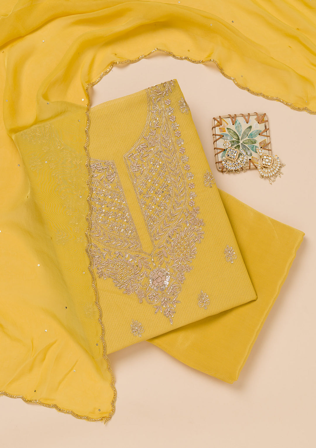 Parrot Green Cutdana Tissue Unstitched Salwar Suit