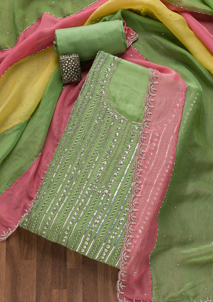 Parrot Green Mirrorwork Organza Unstitched Salwar Suit