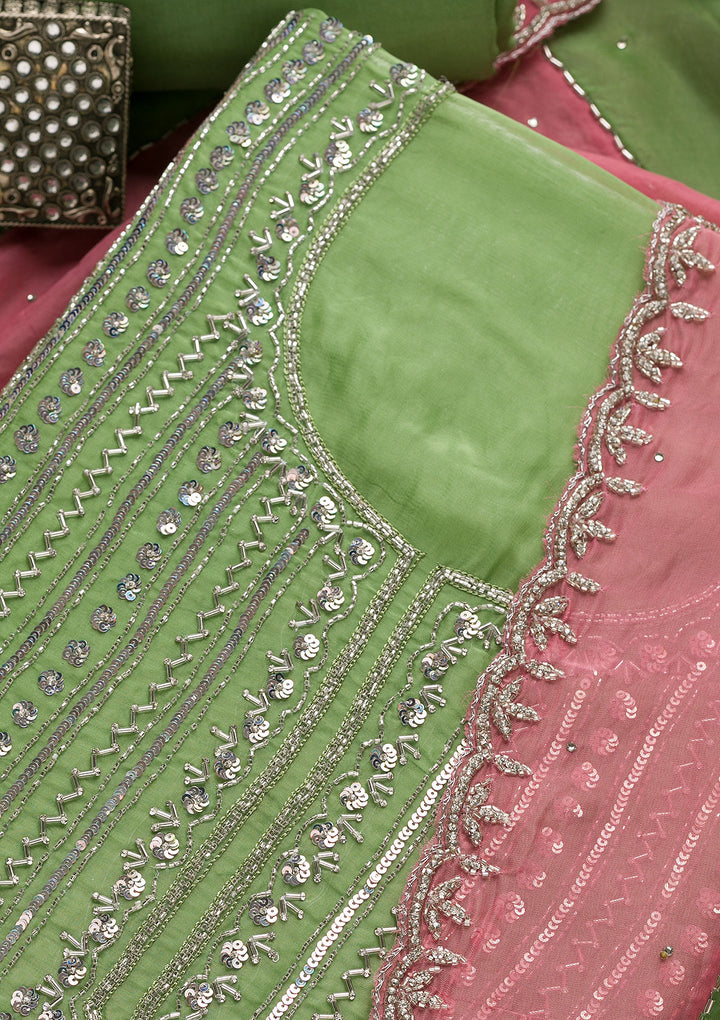 Parrot Green Mirrorwork Organza Unstitched Salwar Suit