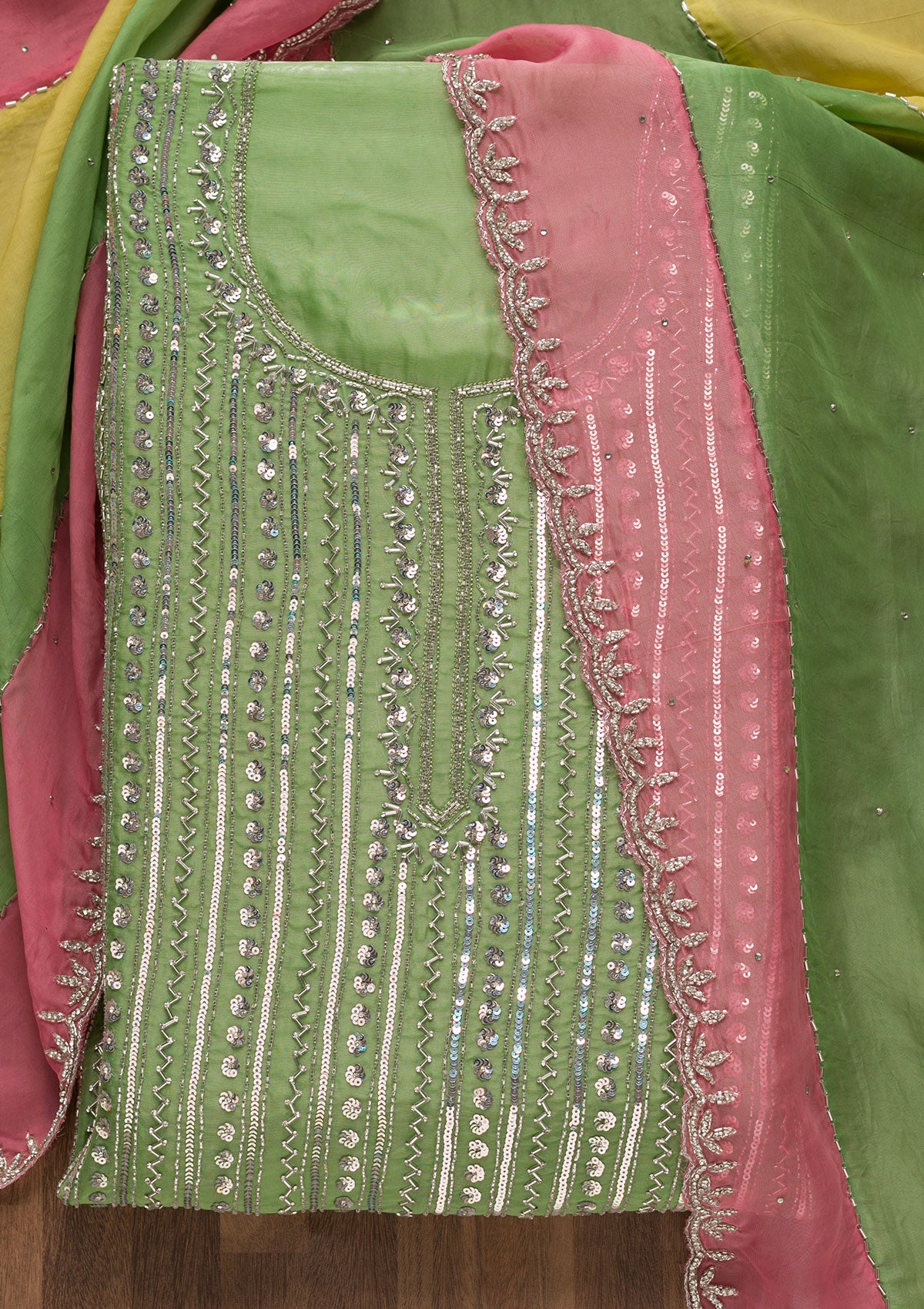 Parrot Green Mirrorwork Georgette Unstitched Salwar Suit