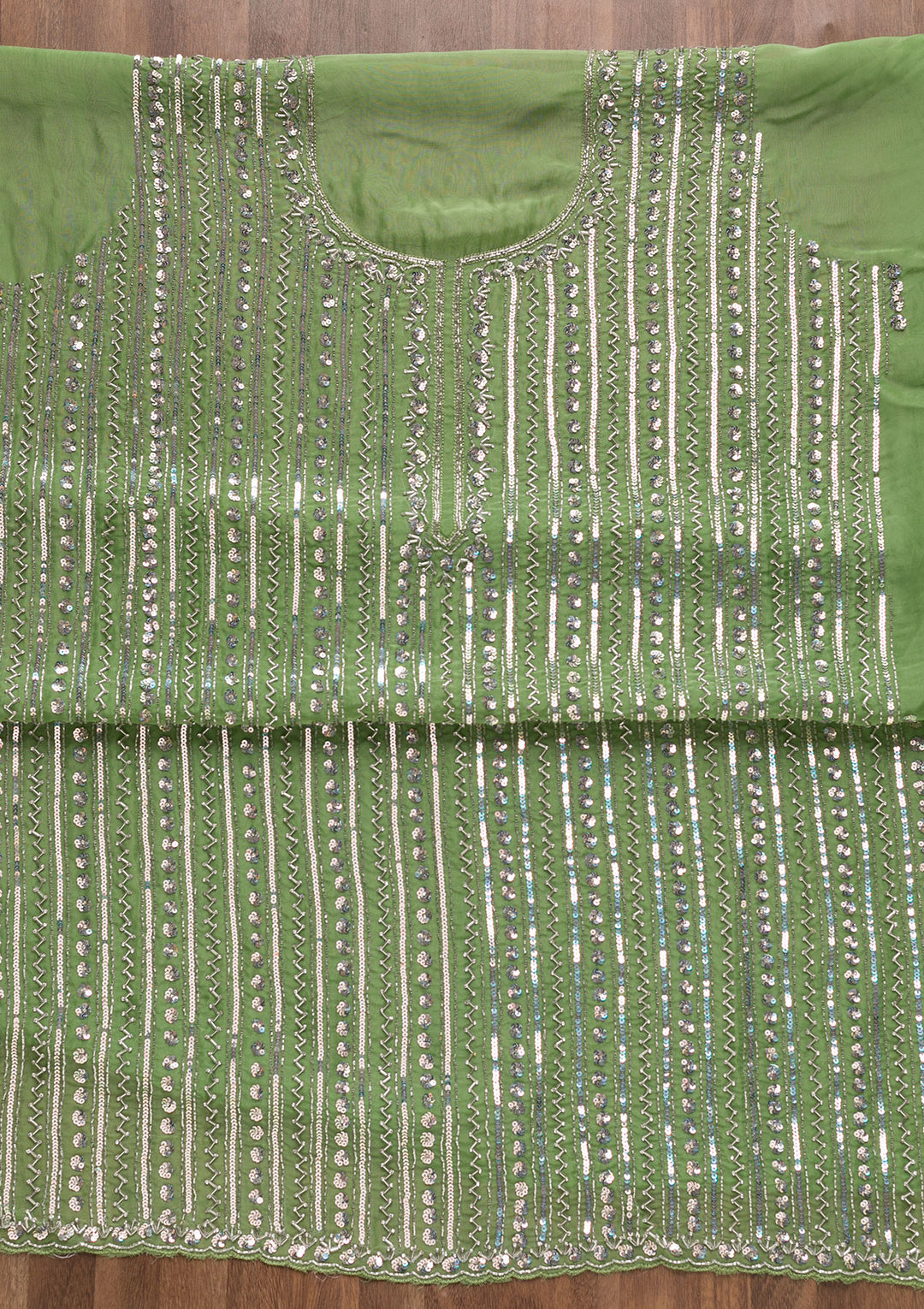 Parrot Green Mirrorwork Organza Unstitched Salwar Suit