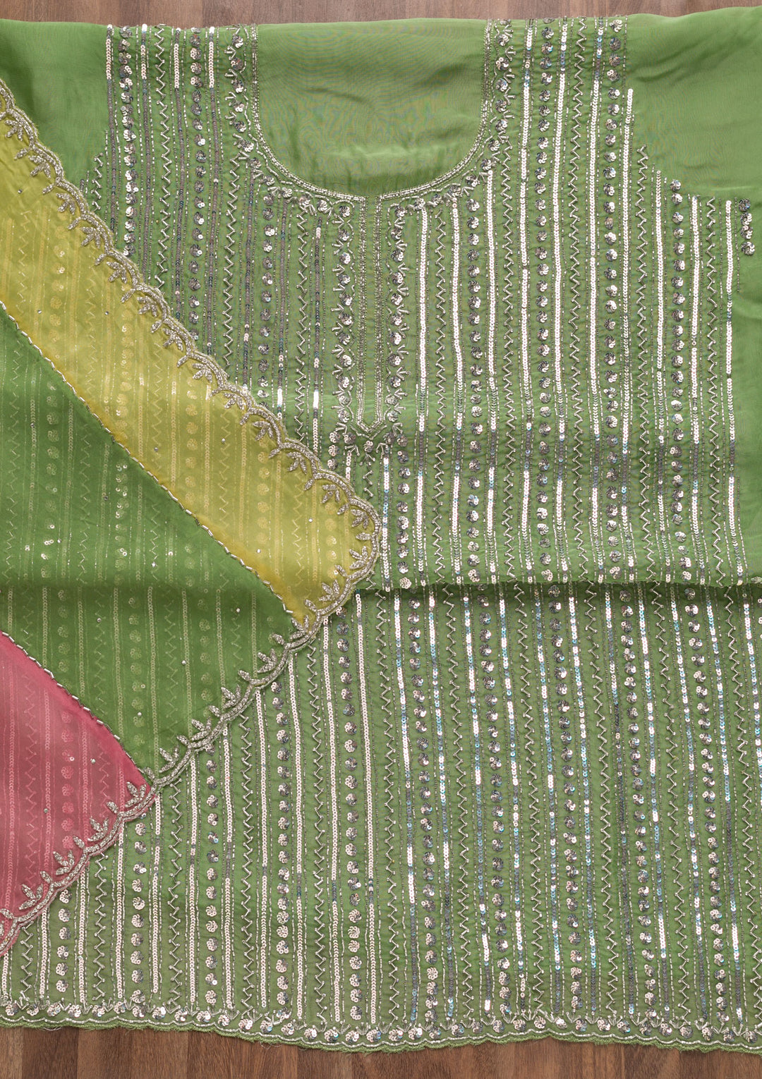Parrot Green Mirrorwork Organza Unstitched Salwar Suit