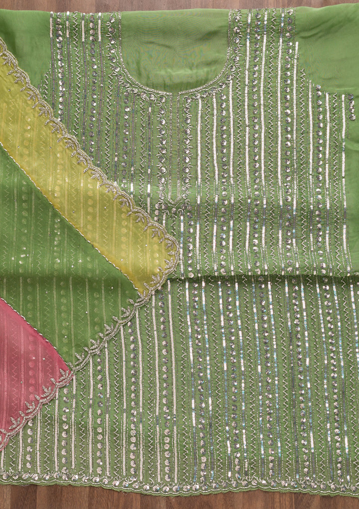 Parrot Green Mirrorwork Organza Unstitched Salwar Suit