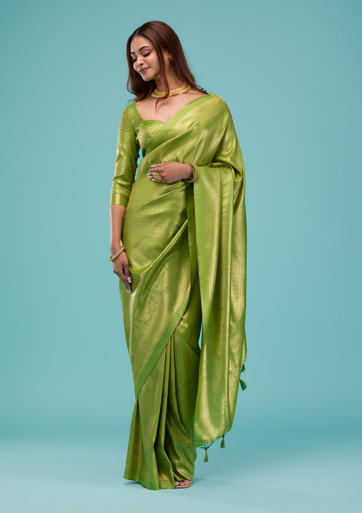 Parrot Green Plain Soft Silk Saree