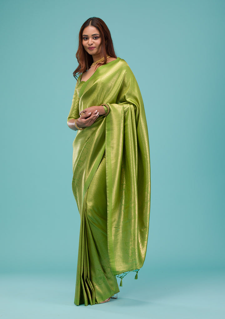 Parrot Green Plain Soft Silk Saree
