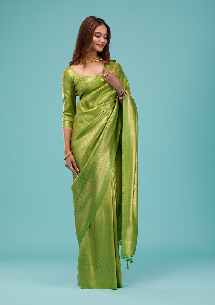 Parrot Green Plain Soft Silk Saree