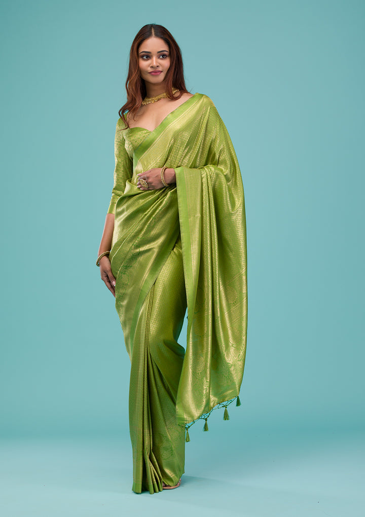 Parrot Green Plain Soft Silk Saree