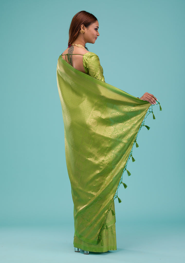 Parrot Green Plain Soft Silk Saree