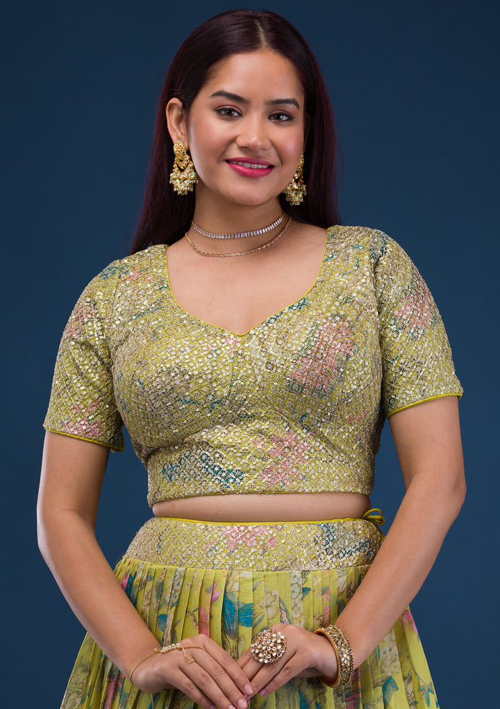 Parrot Green Print Semi Crepe Readymade Lehenga
