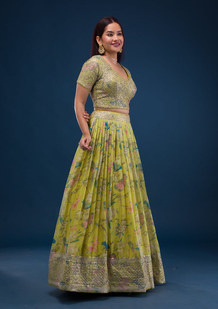 Parrot Green Print Semi Crepe Readymade Lehenga