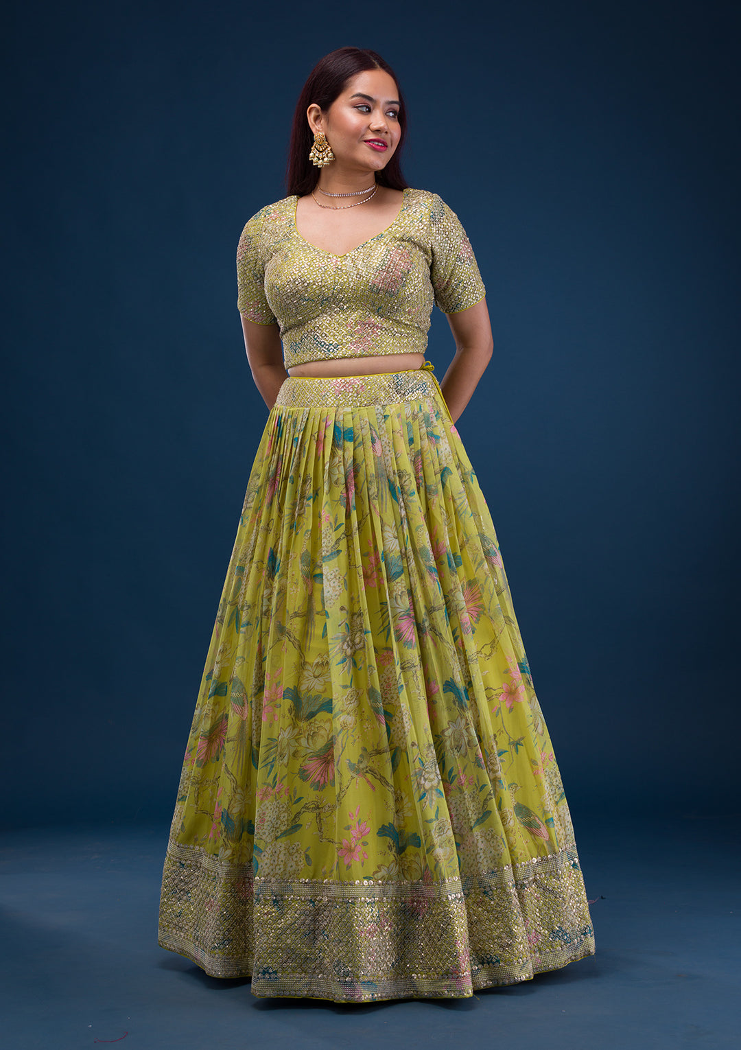 Parrot Green Print Semi Crepe Readymade Lehenga