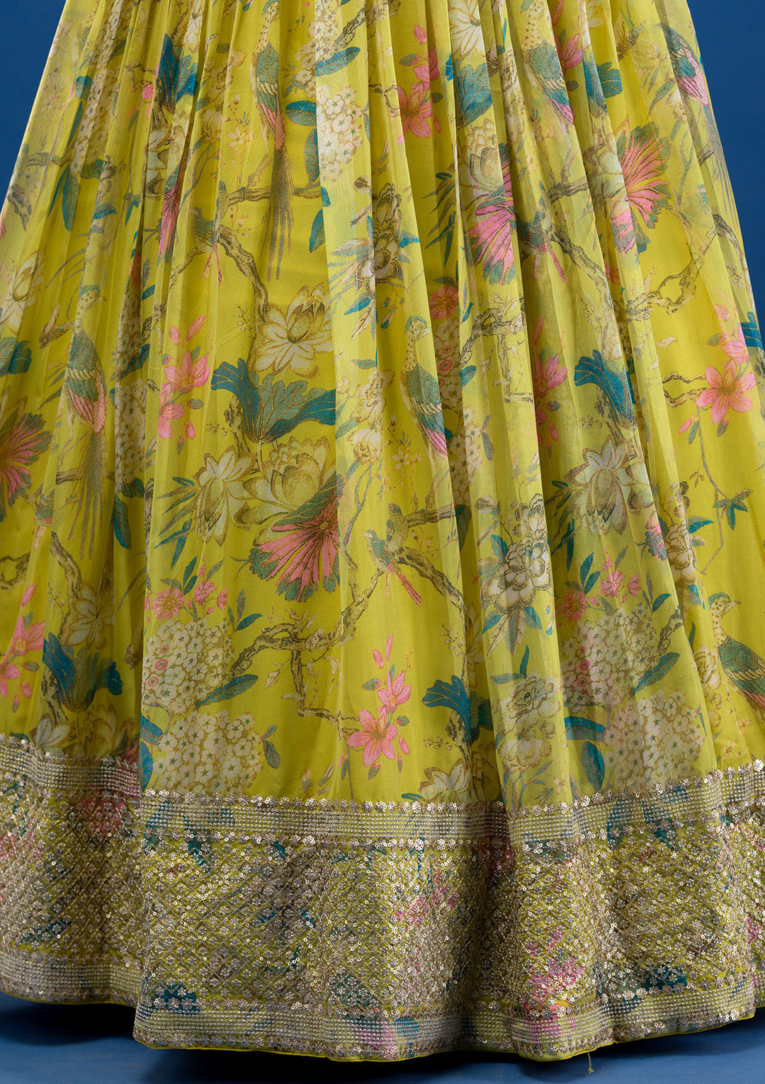 Parrot Green Print Semi Crepe Readymade Lehenga