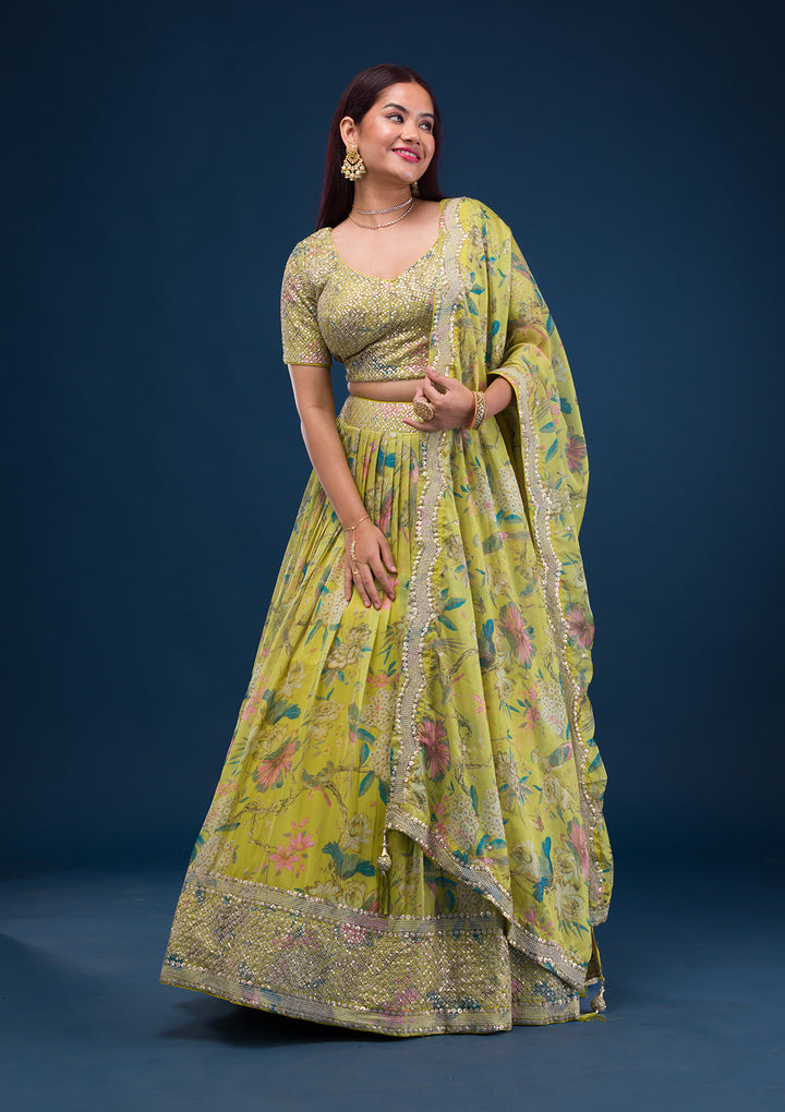 Parrot Green Print Semi Crepe Readymade Lehenga