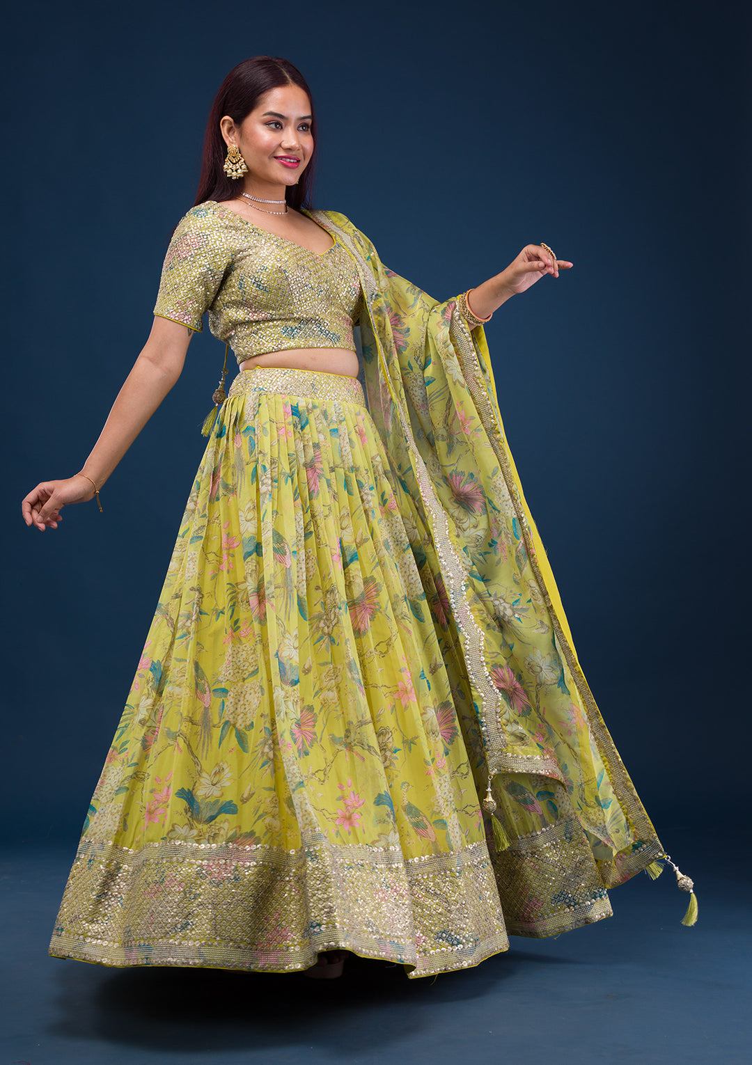 Parrot Green Print Semi Crepe Readymade Lehenga