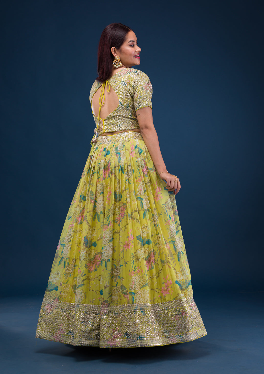 Parrot Green Print Semi Crepe Readymade Lehenga