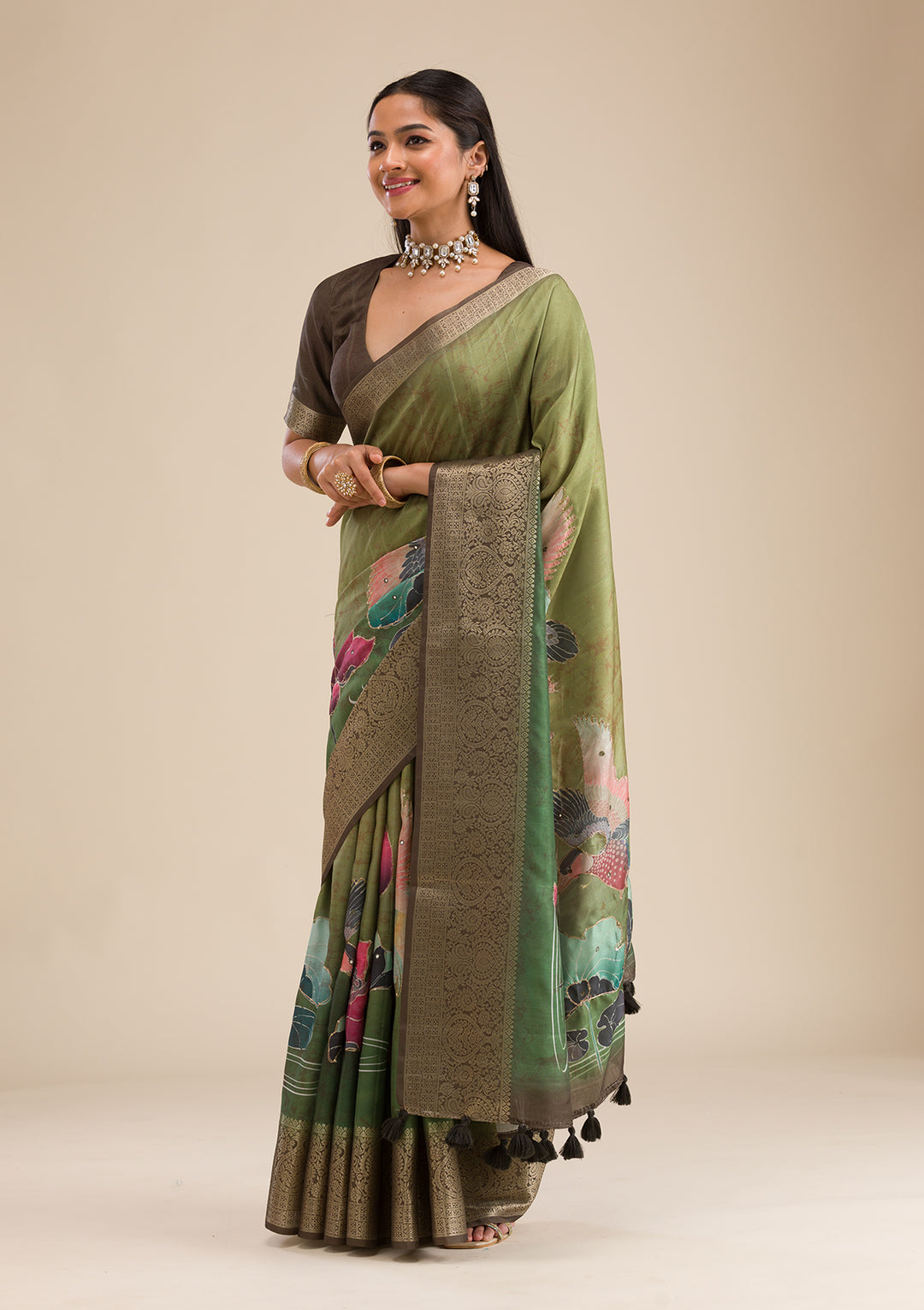 Parrot Green Printed Art Silk Saree