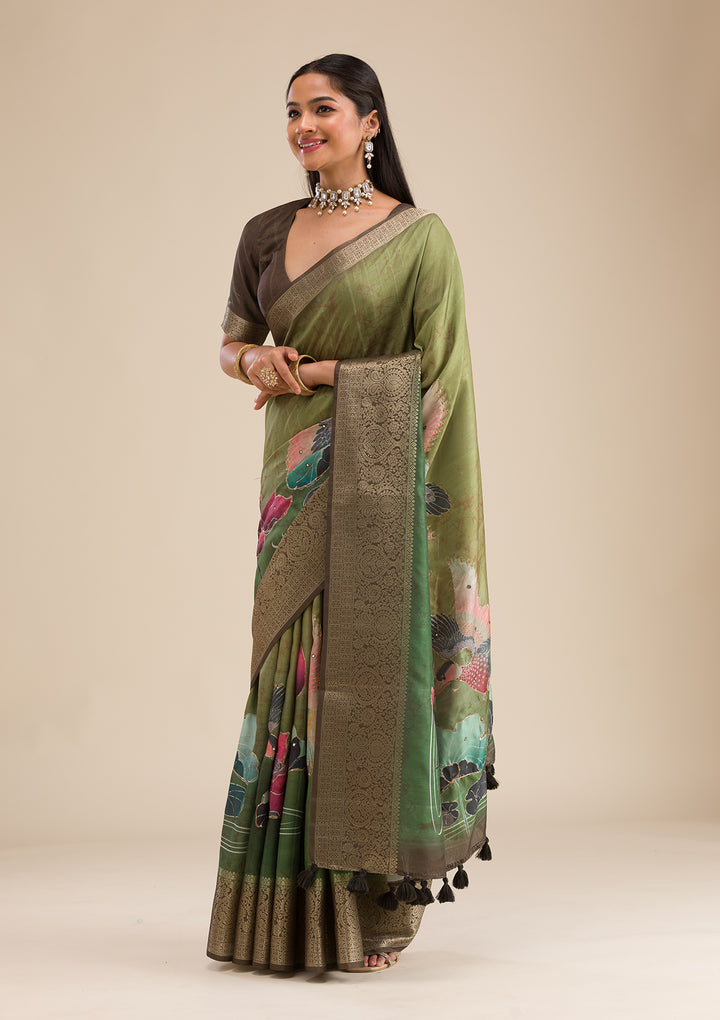 Parrot Green Printed Art Silk Saree