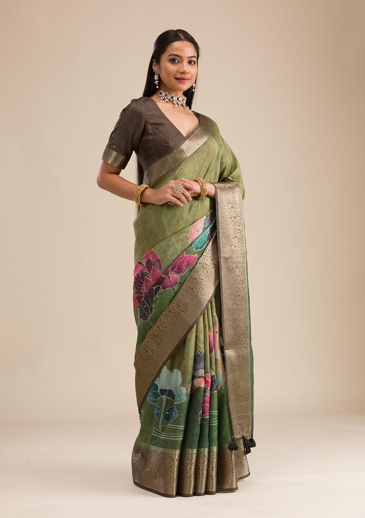 Parrot Green Printed Art Silk Saree