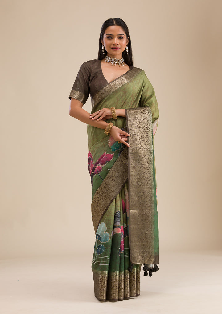 Parrot Green Printed Art Silk Saree