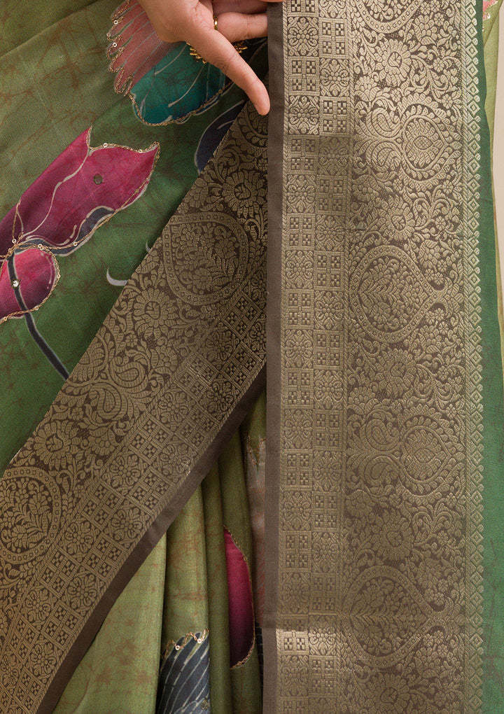 Parrot Green Printed Art Silk Saree