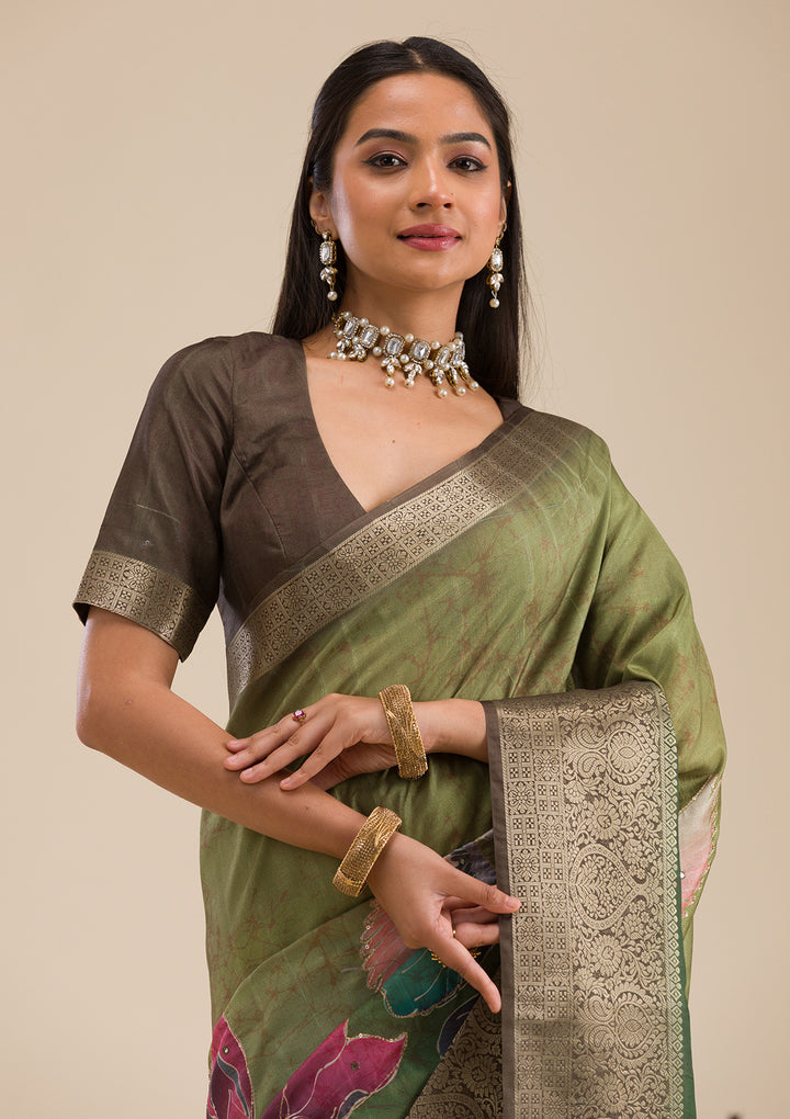 Parrot Green Printed Art Silk Saree