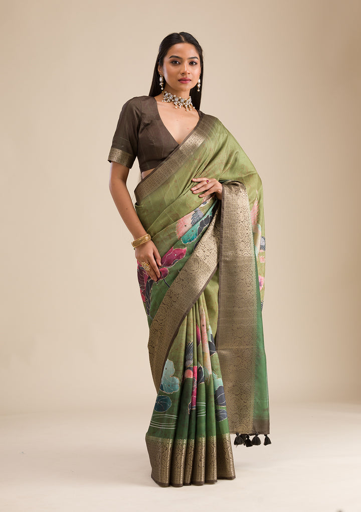 Parrot Green Printed Art Silk Saree