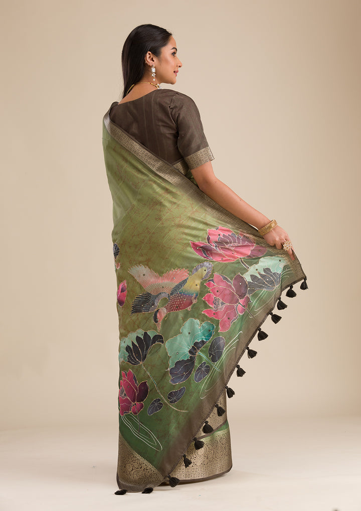 Parrot Green Printed Art Silk Saree