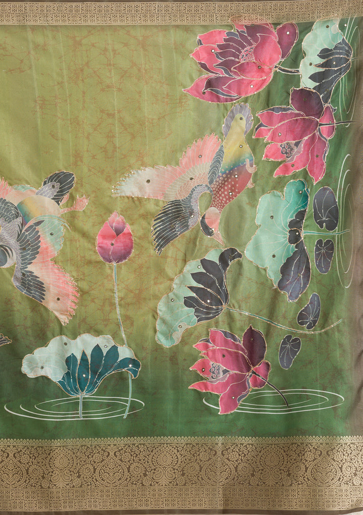 Parrot Green Printed Art Silk Saree