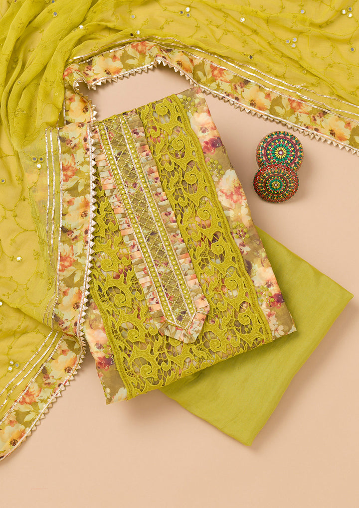 Parrot Green Printed Organza Unstitched Salwar Suit