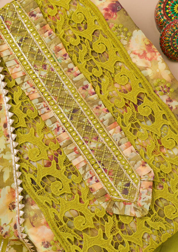 Parrot Green Printed Organza Unstitched Salwar Suit