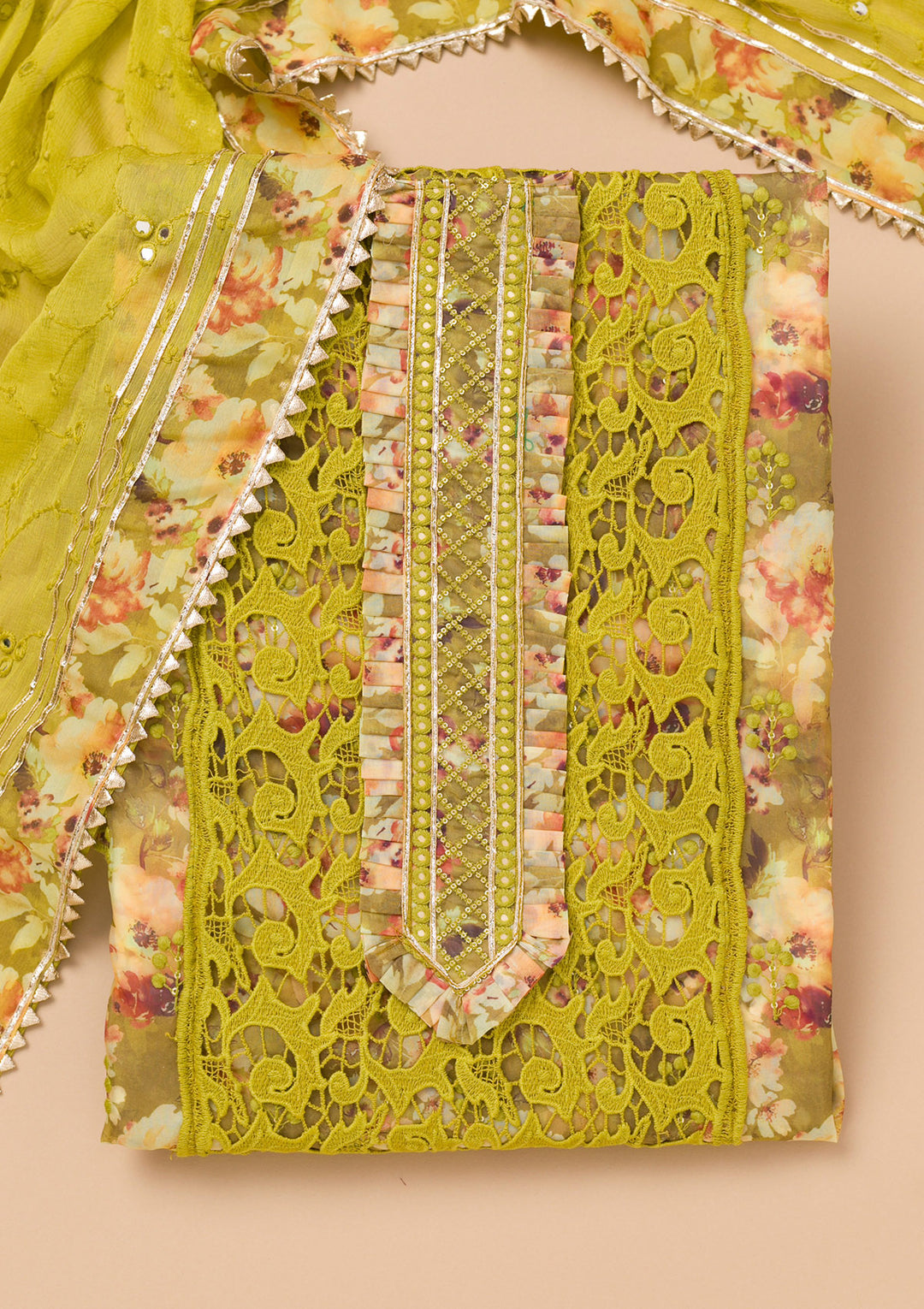 Parrot Green Printed Organza Unstitched Salwar Suit